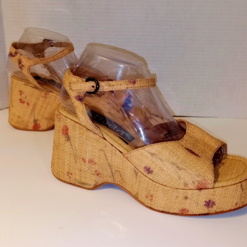 MUDD RAFIA FLORAL‎ PLATFORM SANDALS Retro Sz. 10